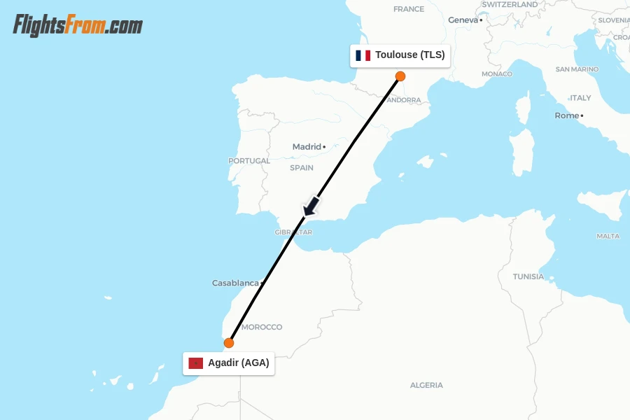 Flights from Toulouse to Agadir route map