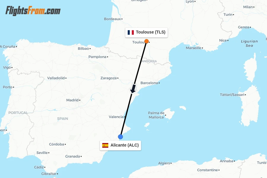 Flights from Toulouse to Alicante route map