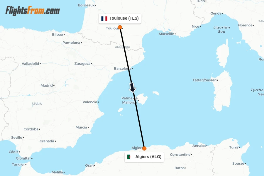 Flights from Toulouse to Algiers route map