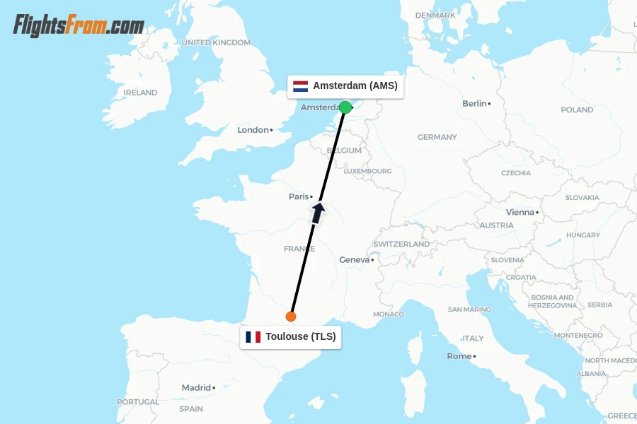 Flights from Toulouse to Amsterdam route map