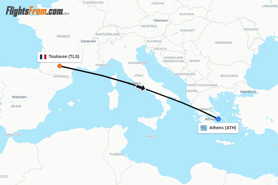 Flights from Toulouse to Athens route map