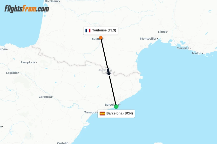 Flights from Toulouse to Barcelona route map