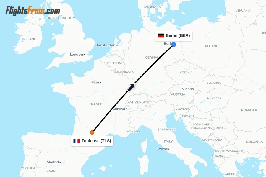 Flights from Toulouse to Berlin route map