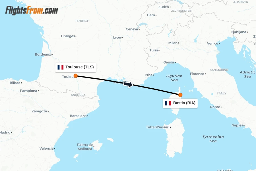 Flights from Toulouse to Bastia route map