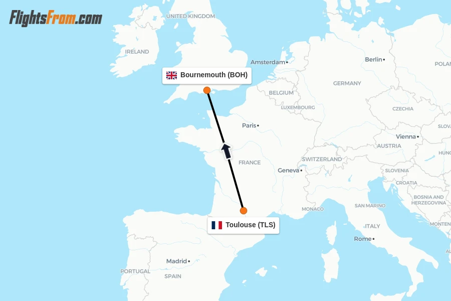 Flights from Toulouse to Bournemouth route map