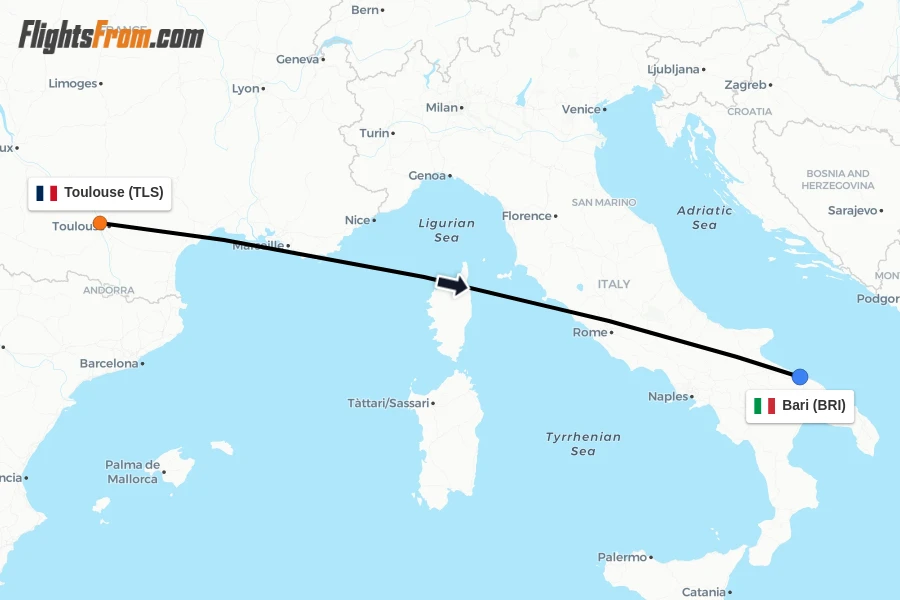 Flights from Toulouse to Bari route map