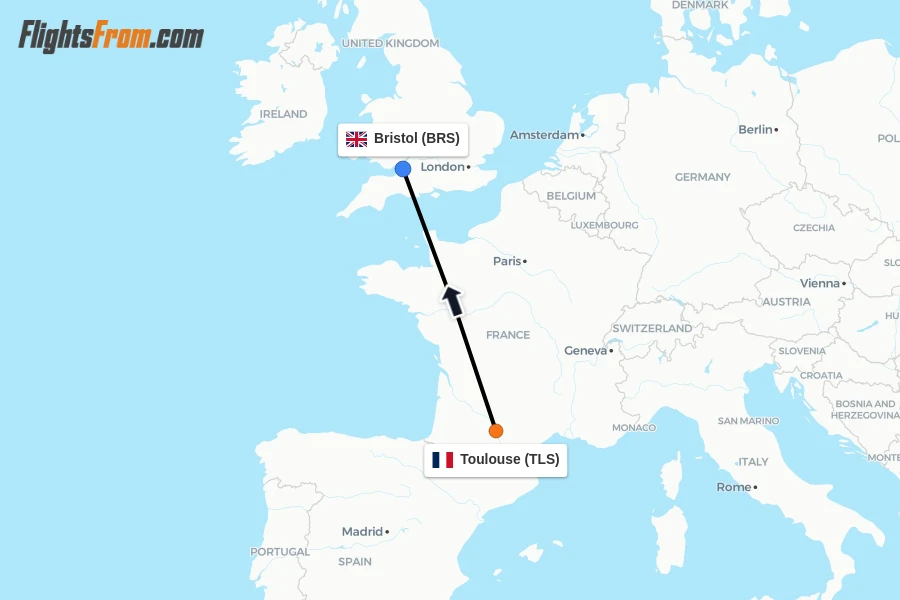 Flights from Toulouse to Bristol route map