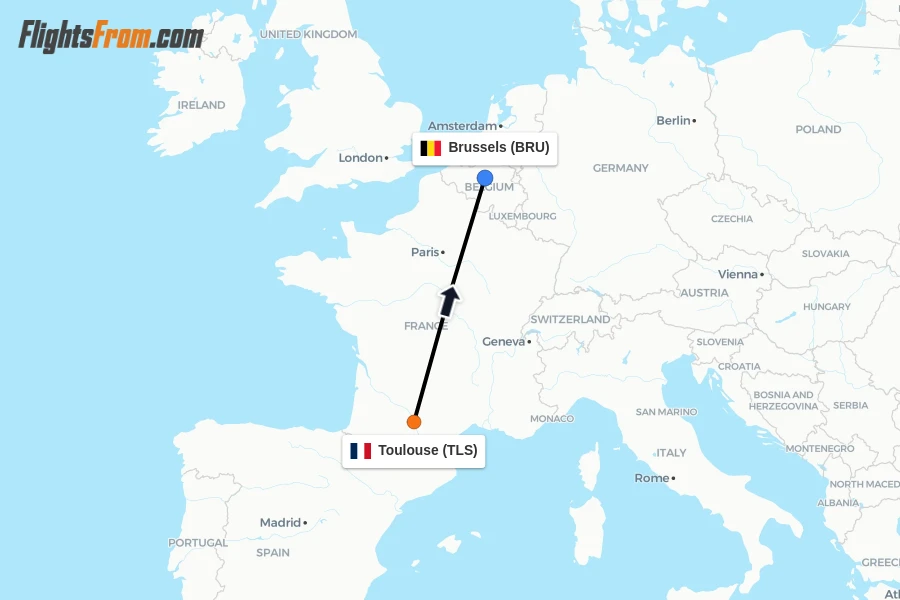 Flights from Toulouse to Brussels route map