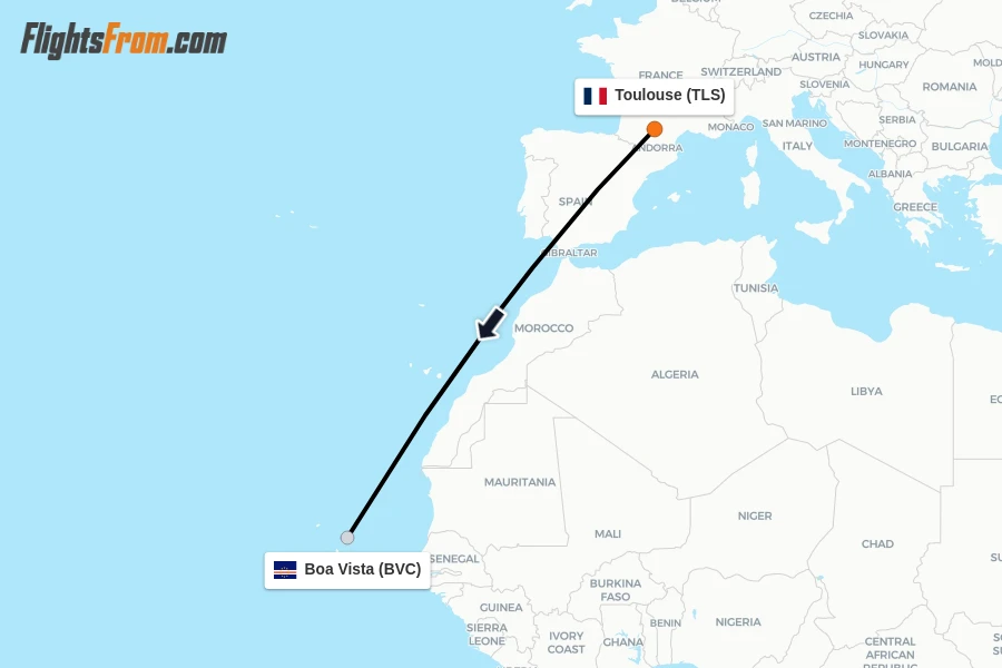 Flights from Toulouse to Boa Vista route map