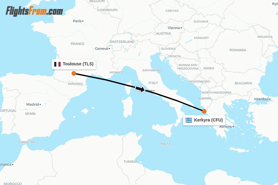 Flights from Toulouse to Kerkyra route map