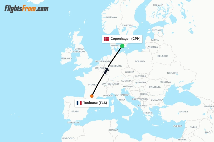 Flights from Toulouse to Copenhagen route map