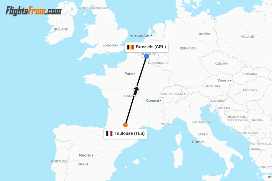 Flights from Toulouse to Brussels route map
