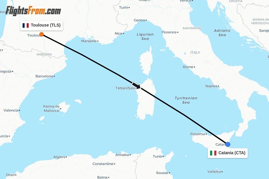 Flights from Toulouse to Catania route map