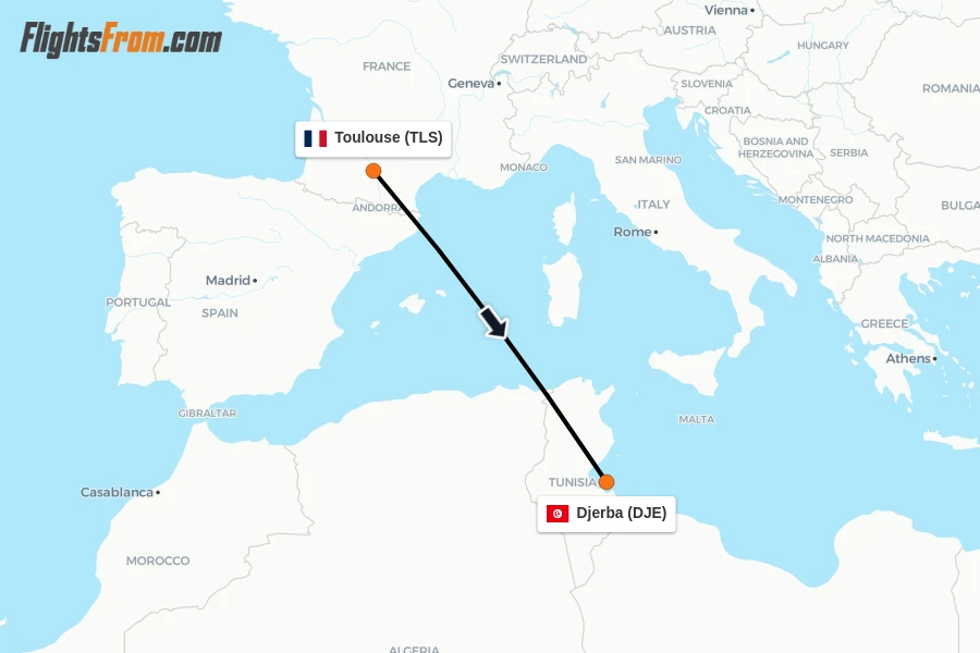 Flights from Toulouse to Djerba route map