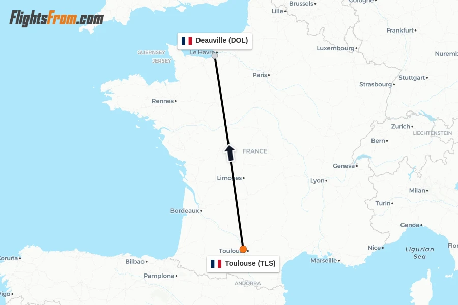 Flights from Toulouse to Deauville route map
