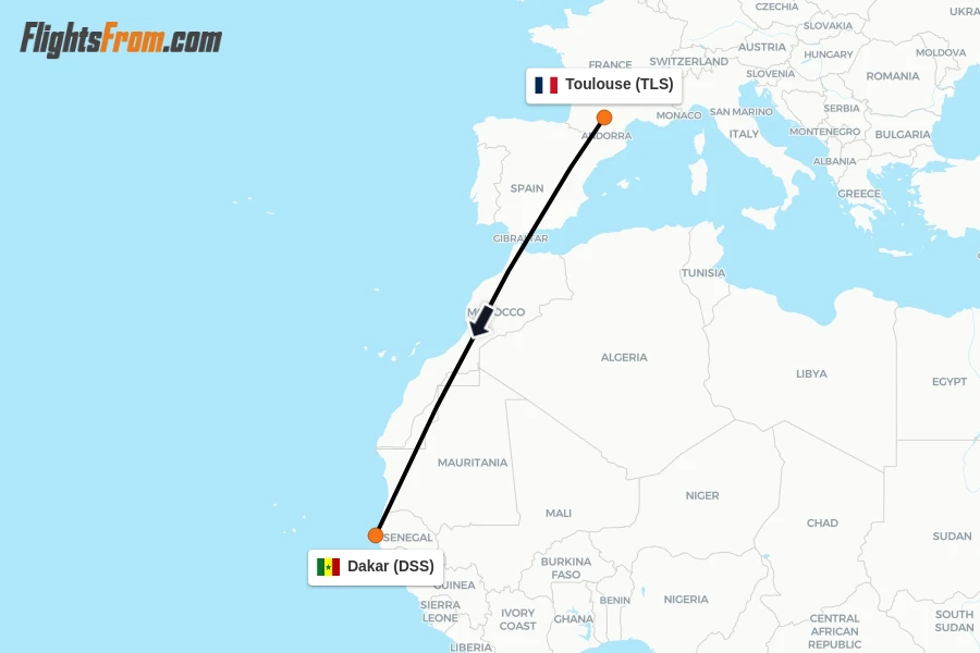 Flights from Toulouse to Dakar route map