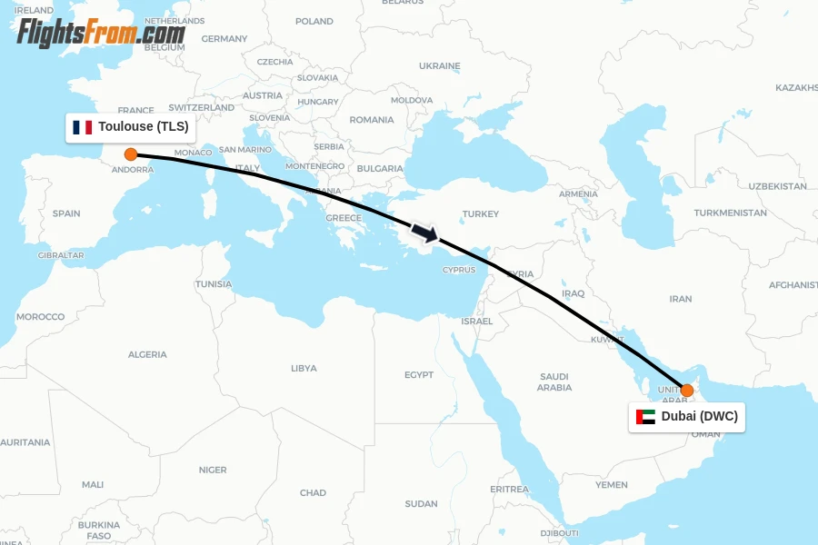 Flights from Toulouse to Dubai route map