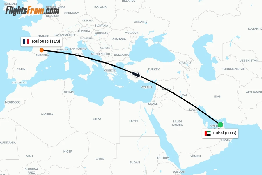 Flights from Toulouse to Dubai route map