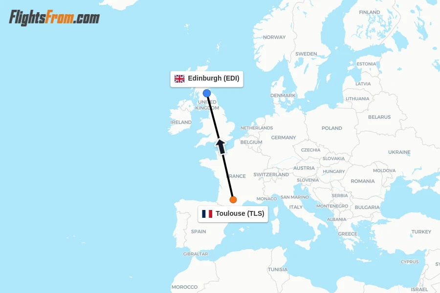 Flights from Toulouse to Edinburgh route map
