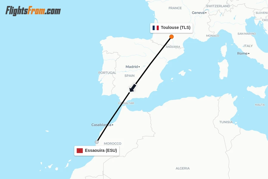 Flights from Toulouse to Essaouira route map