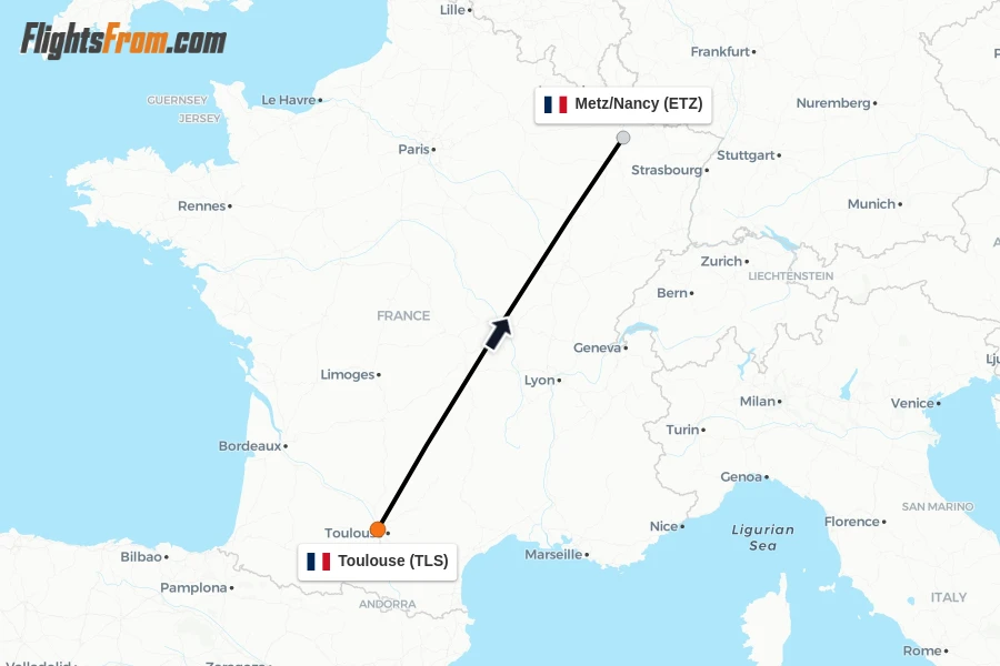 Flights from Toulouse to Metz/Nancy route map