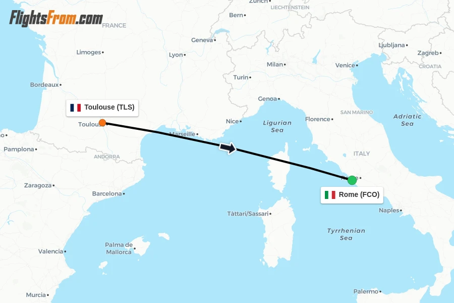 Flights from Toulouse to Rome route map