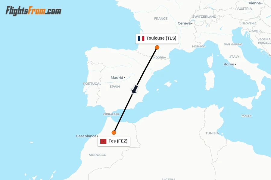 Flights from Toulouse to Fes route map