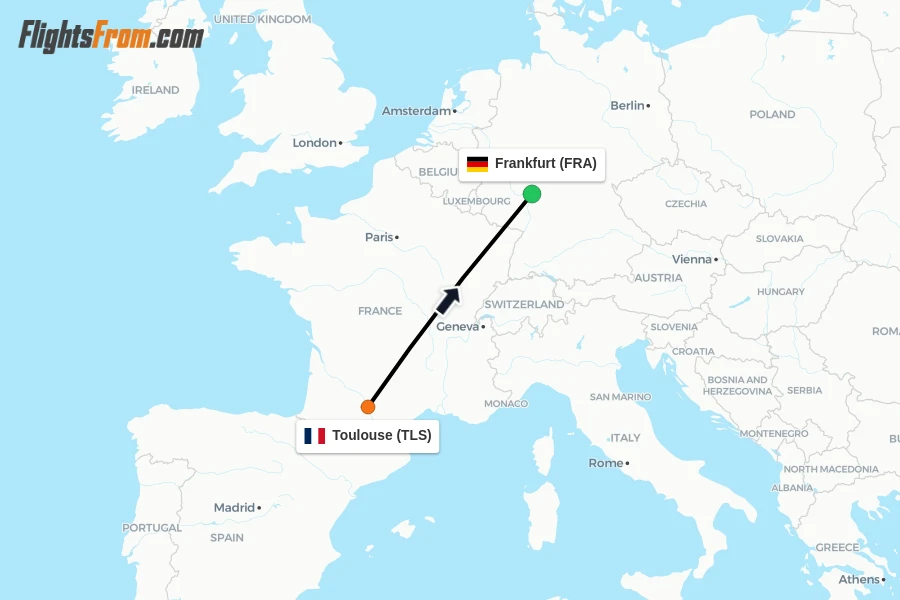 Flights from Toulouse to Frankfurt route map