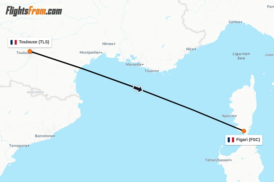 Flights from Toulouse to Figari route map