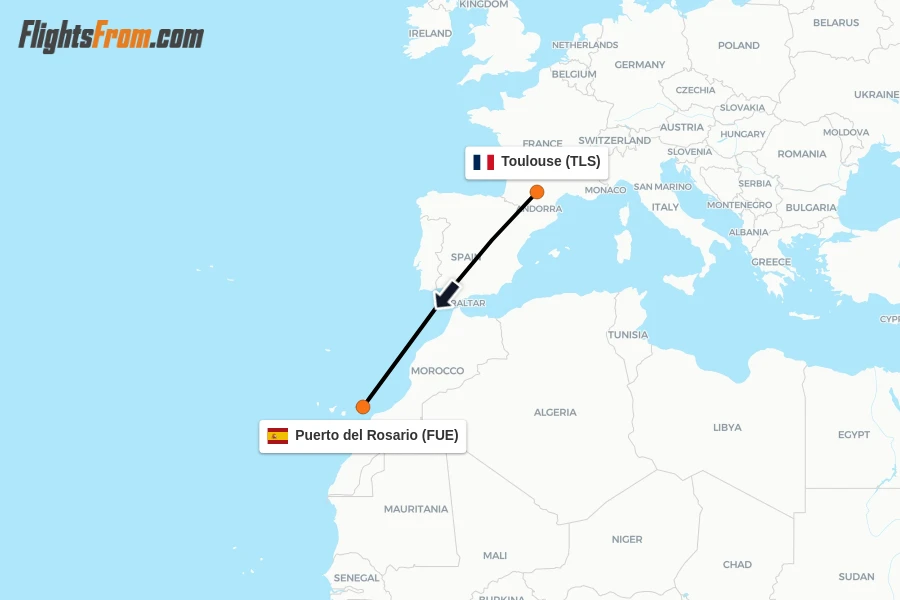 Flights from Toulouse to Puerto del Rosario route map