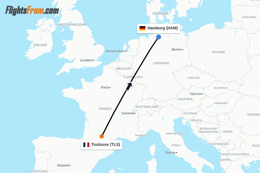 Flights from Toulouse to Hamburg route map