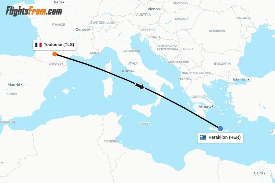 Flights from Toulouse to Heraklion route map