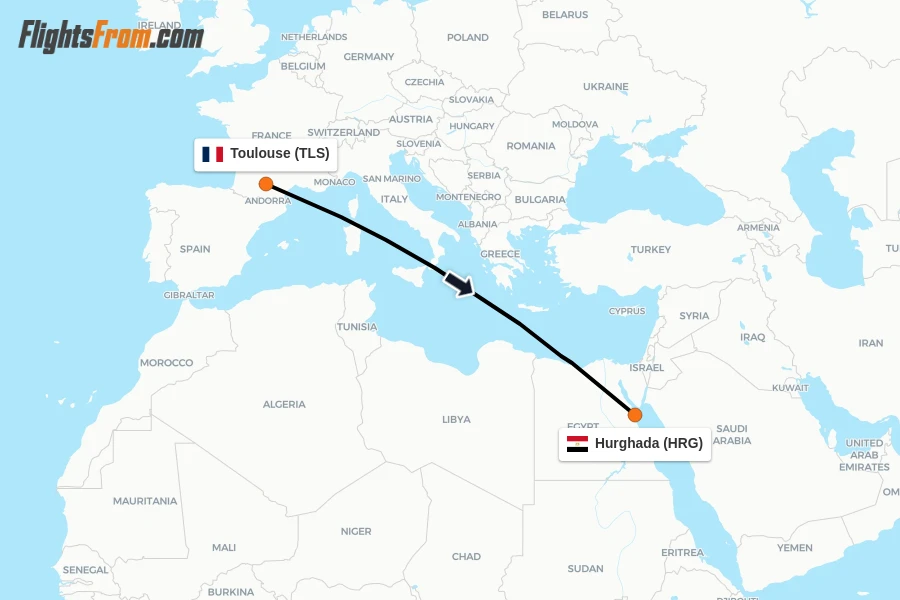 Flights from Toulouse to Hurghada route map