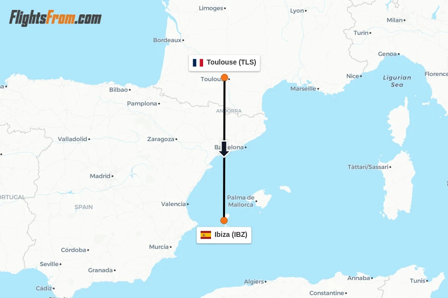 Flights from Toulouse to Ibiza route map
