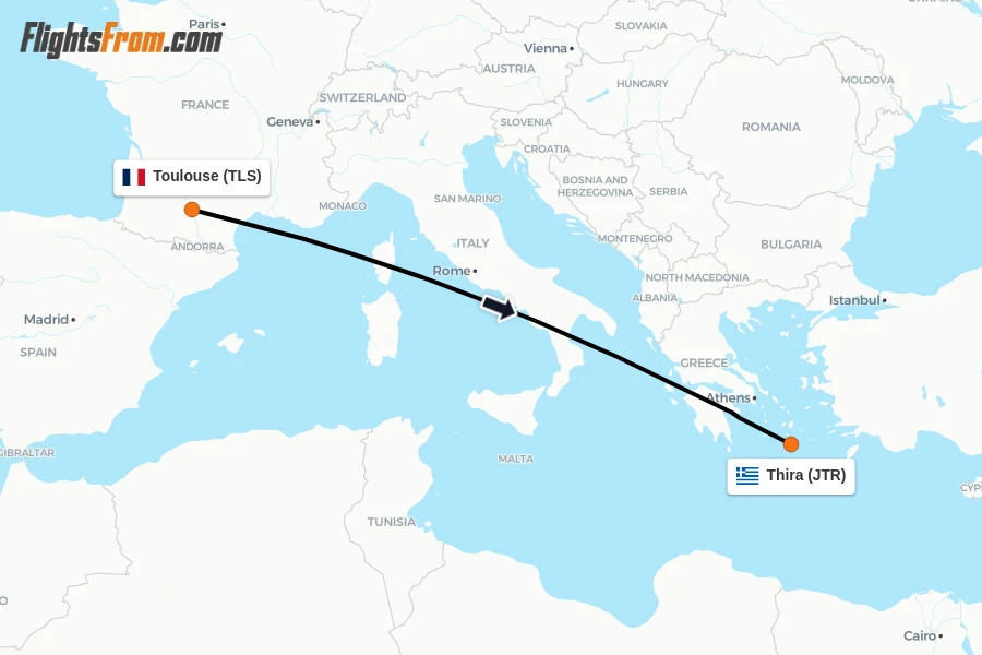 Flights from Toulouse to Thira route map