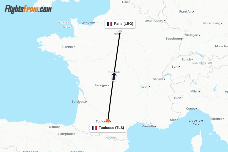 Flights from Toulouse to Paris route map