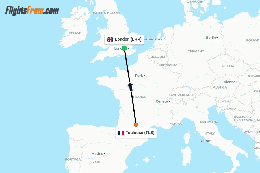 Flights from Toulouse to London route map