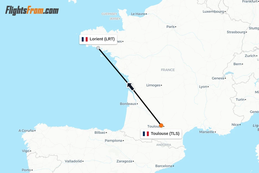 Flights from Toulouse to Lorient route map