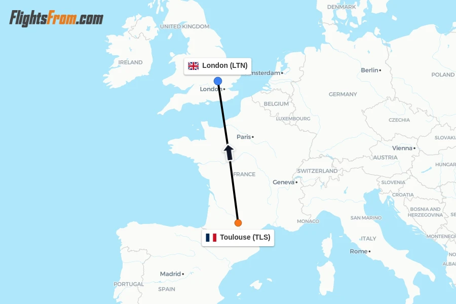 Flights from Toulouse to London route map