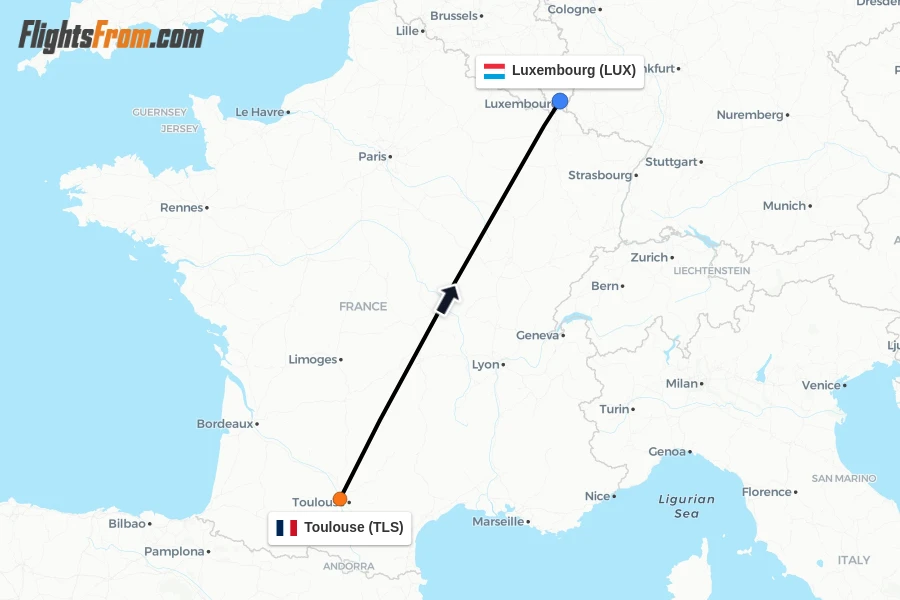 Flights from Toulouse to Luxembourg route map
