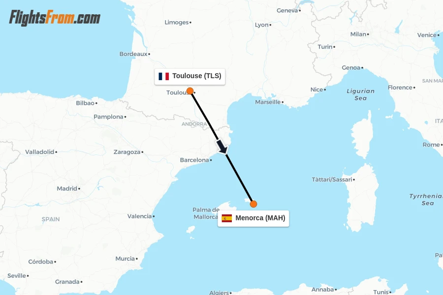 Flights from Toulouse to Menorca route map