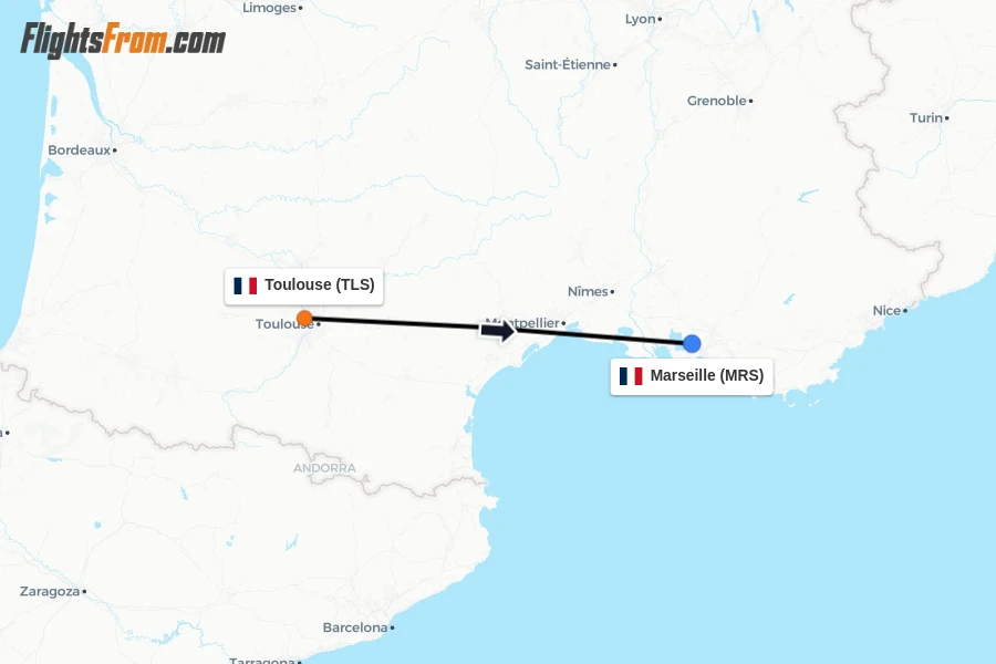 Flights from Toulouse to Marseille route map
