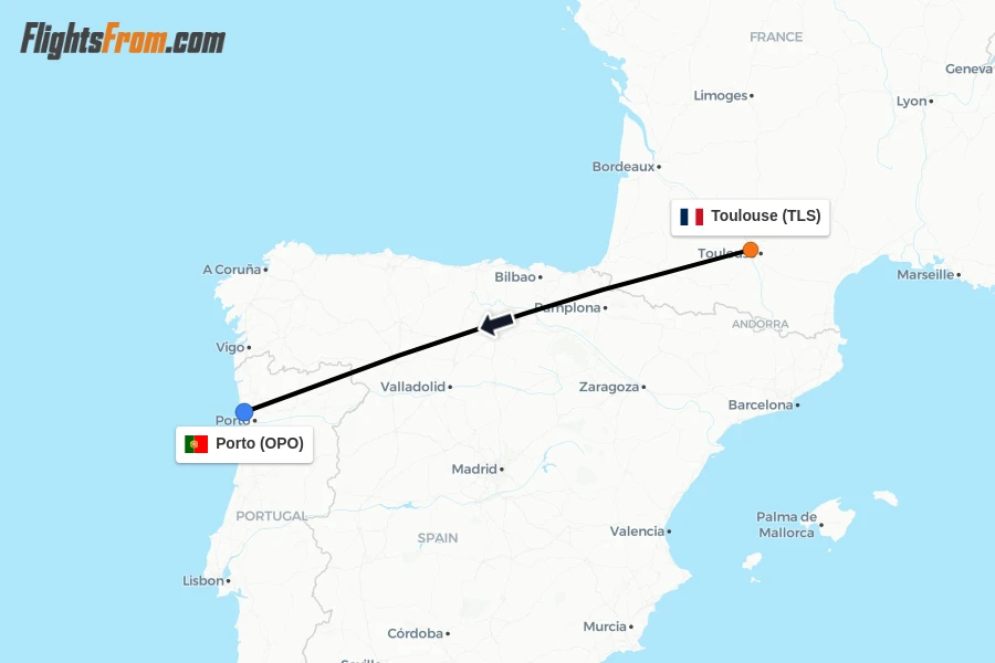 Flights from Toulouse to Porto route map