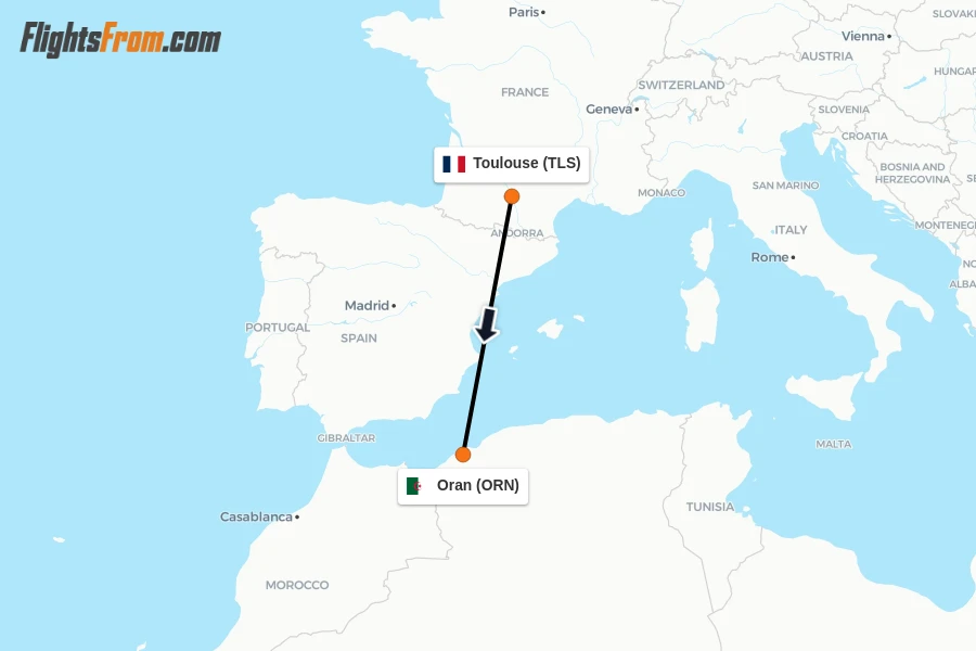 Flights from Toulouse to Oran route map