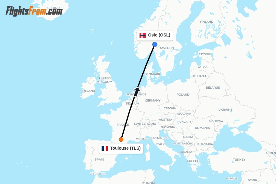 Flights from Toulouse to Oslo route map