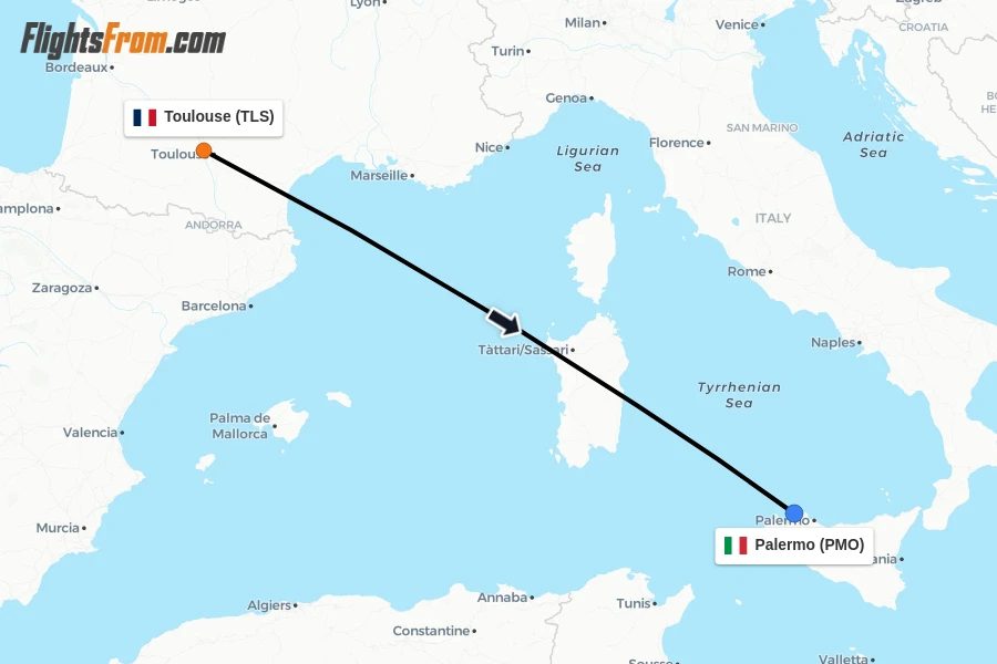 Flights from Toulouse to Palermo route map