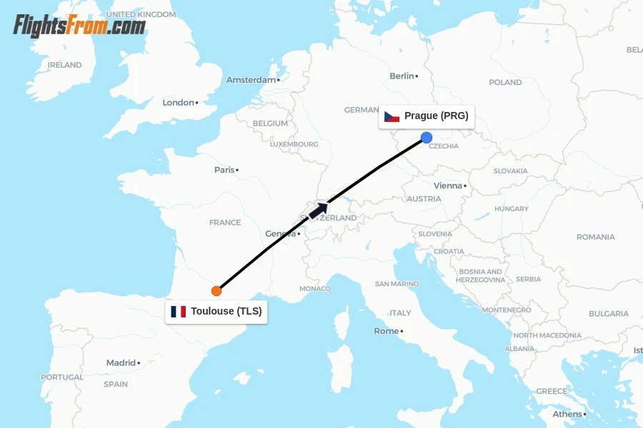 Flights from Toulouse to Prague route map