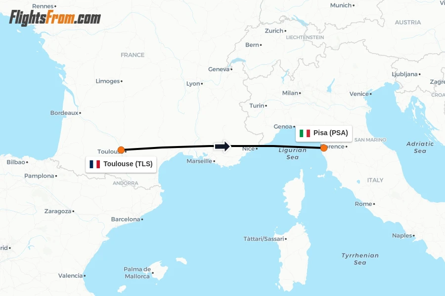 Flights from Toulouse to Pisa route map
