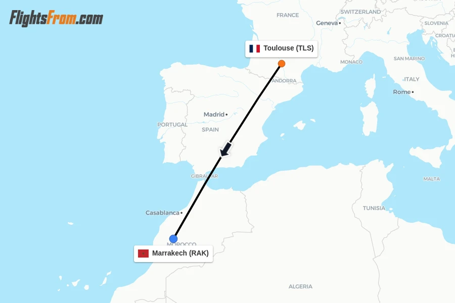 Flights from Toulouse to Marrakech route map