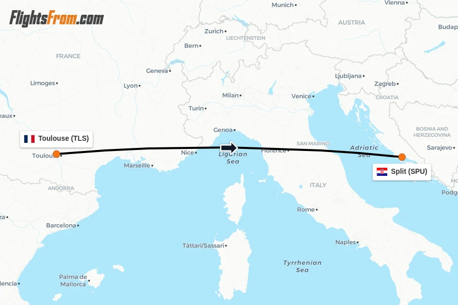 Flights from Toulouse to Split route map